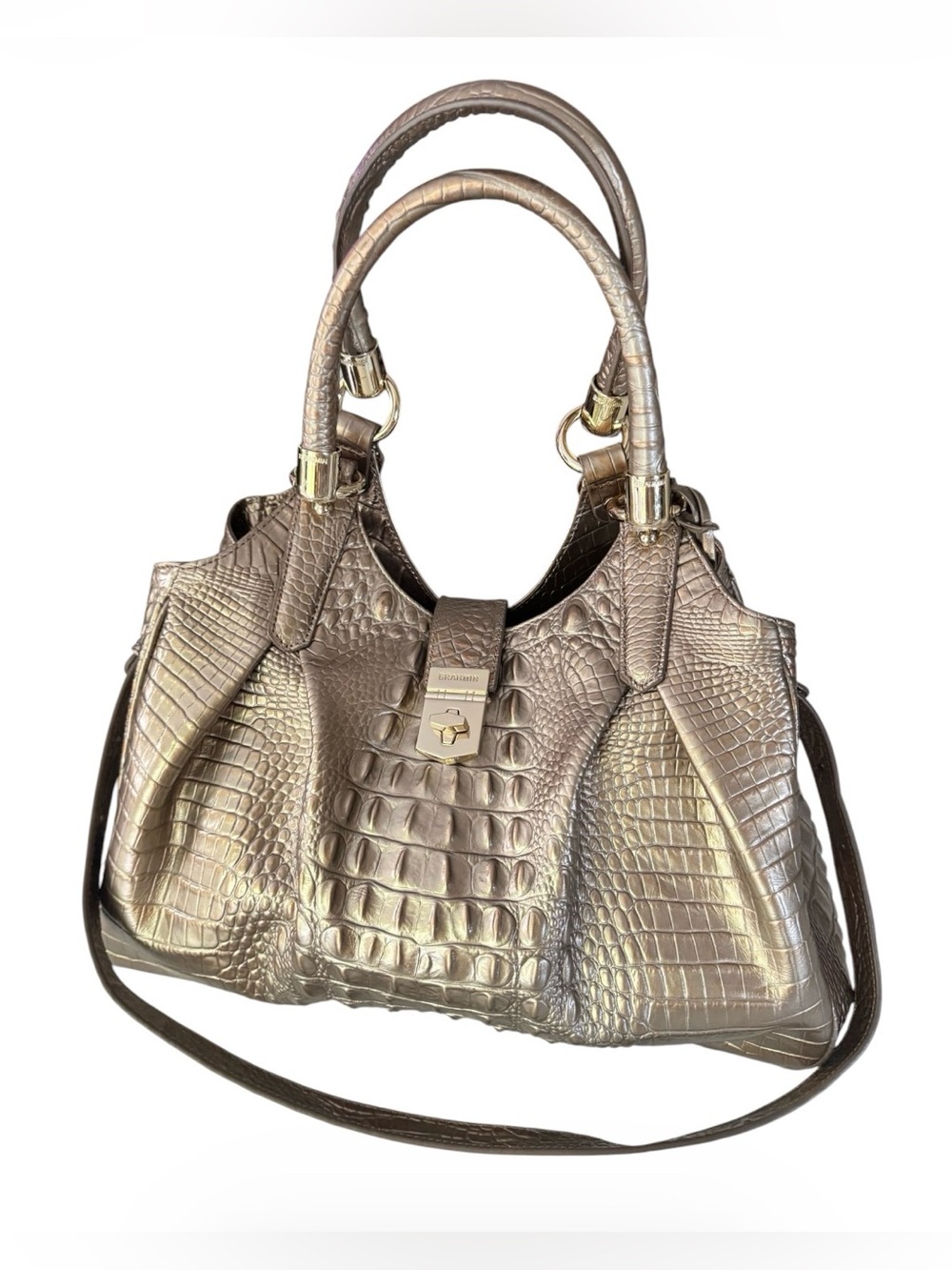 Brahmin Elisa Large Satchel β Gold Croc Embossed Leather | Gold Hardware | - Picture 4 of 17